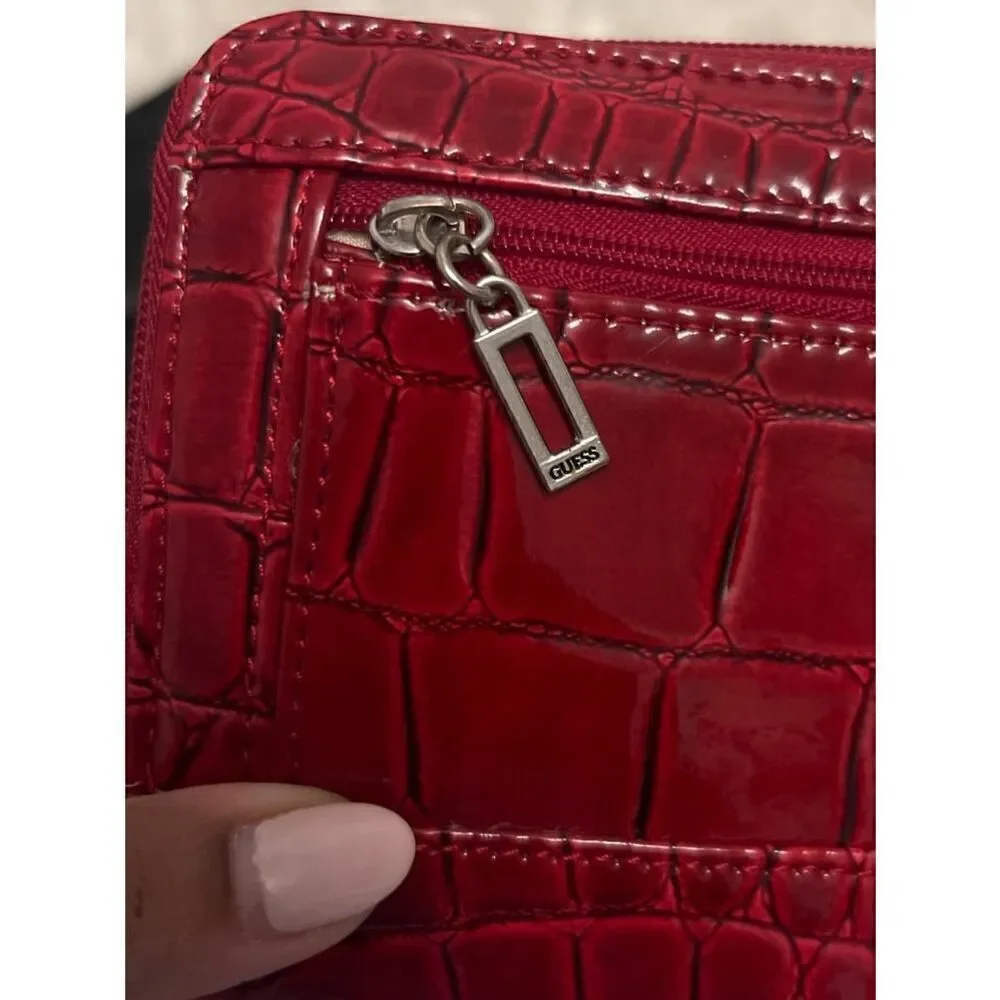 Guess Silver Hardware Red Croc Zip Around Long Wallet